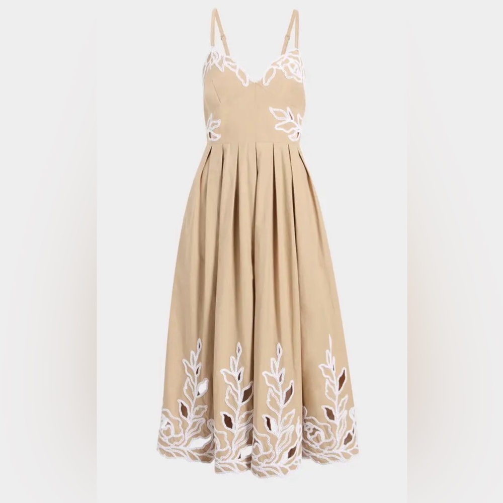 Cinq à Sept Tan Dress with White Embroidery
